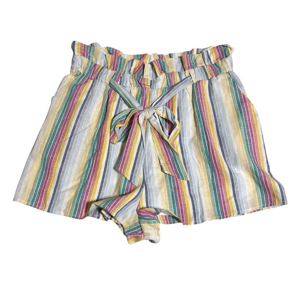 Hummingbird SZ Large Women‎ Linen Blend Striped Rainbow Muted Neutral Shorts